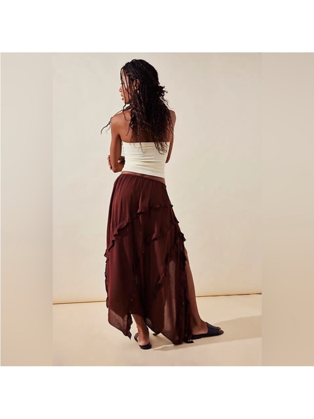 Free People Ambie Asymmetrical Ruffled Flowy Skirt in Chocolate Love, small - Picture 2 of 7